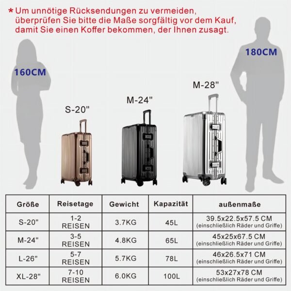 Aluminium Reisekoffer Bordkoffer Hartschalen-Koffer Trolley Rollkoffer Handgepäck Teleskopgriff, TSA, 4 Rollen